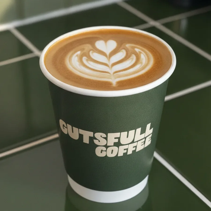 A flat white in a Gutsfull takeaway cup