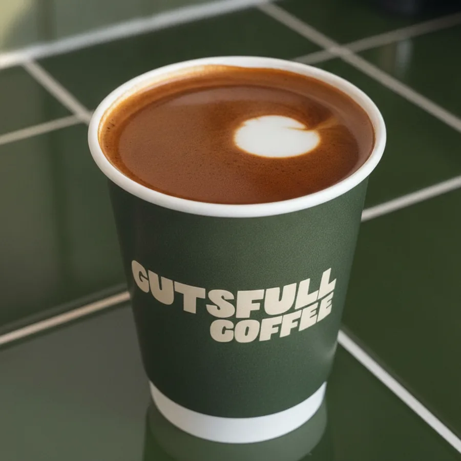 A macchiato in a Gutsfull takeaway cup